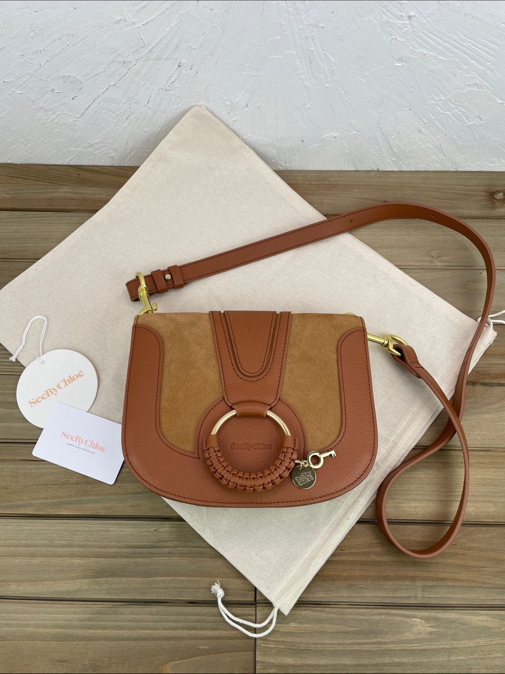 See by Chole Hana Leather and Suede Crossbody Saddle Bag- English Brown/Tan